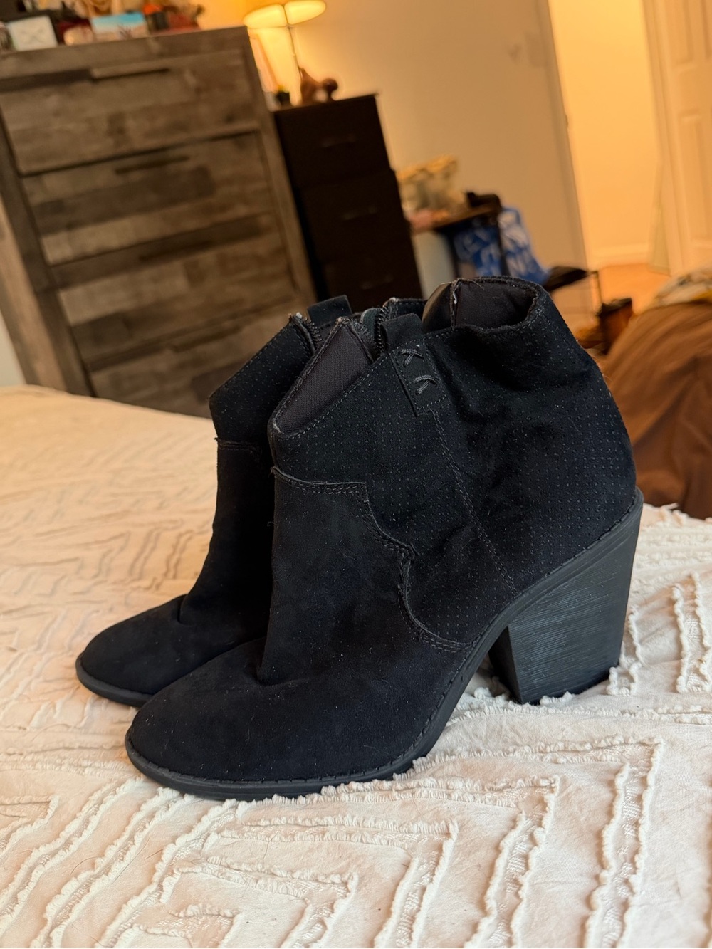 Black Suede Ankle Booties with Block Heel - Women